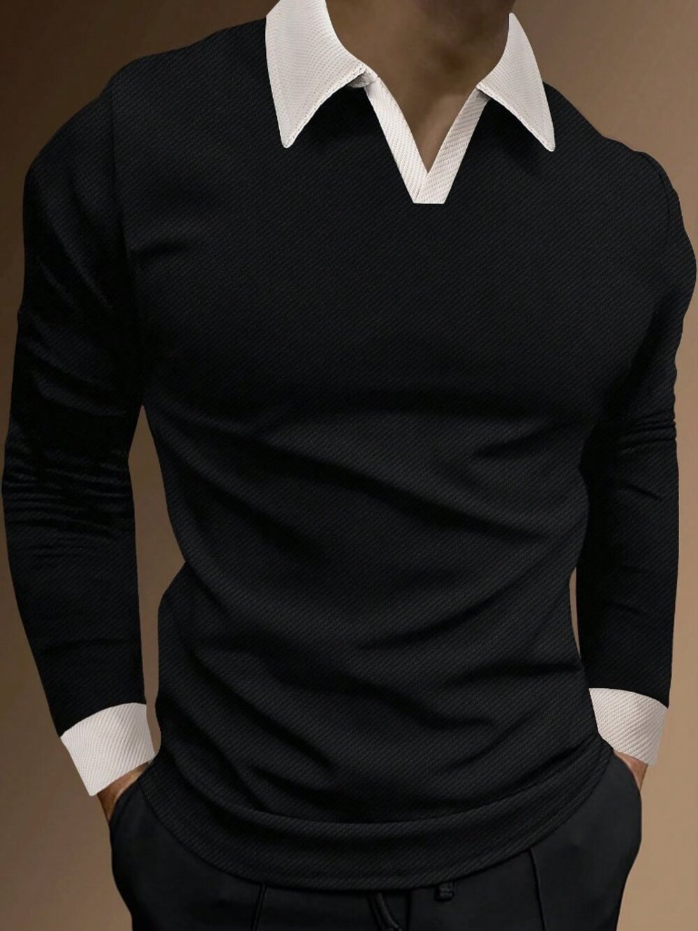 Black Casual Men's Colorblock Collar Long Sleeve Polo Shirt